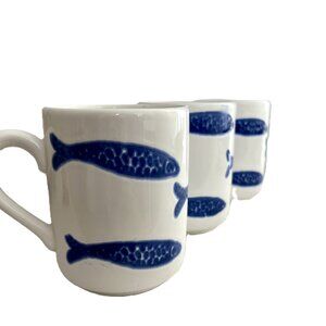 3 White Blue Fish Mugs Handmade in Portugal